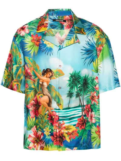 Roberto Cavalli Floral-print Silk Shirt In Blue