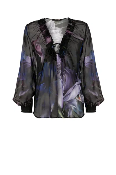 Roberto Cavalli Floral-print Silk Shirt In Purple