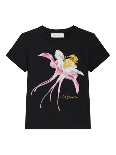 Roberto Cavalli Kids' Floral-print T-shirt In Black