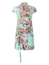 Roberto Cavalli Mini Dress With Naturalistic Pattern In Blue