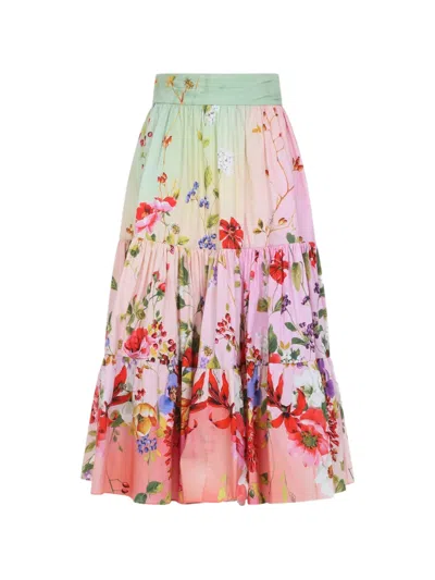 Roberto Cavalli Miami Flowers High Waist Tiered Midi Skirt In Multi