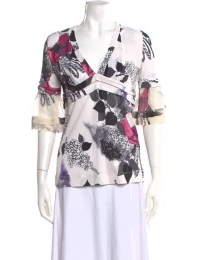 Pre-owned Roberto Cavalli Floral Print V-neck Blouse In White