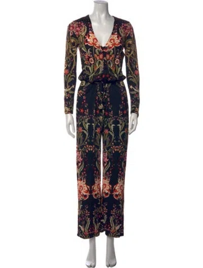 Pre-owned Roberto Cavalli Floral Print V-neck Jumpsuit In Black