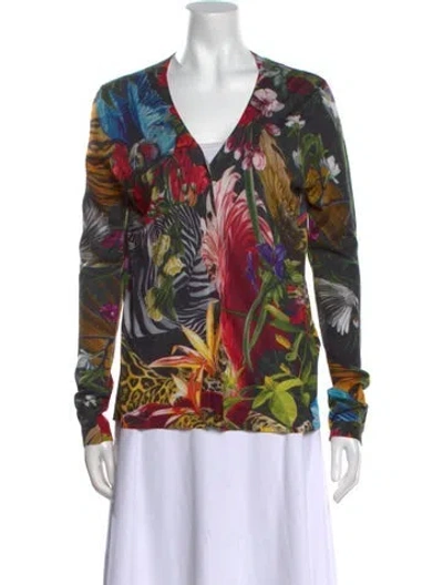 Pre-owned Roberto Cavalli Floral Print V-neck Sweater In Black