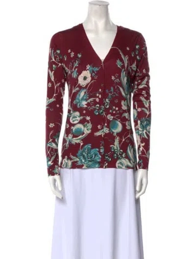 Pre-owned Roberto Cavalli Floral Print V-neck Sweater W/ Tags In Burgundy