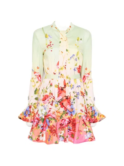 Roberto Cavalli Floral Silk Blend Dress High Neck In White