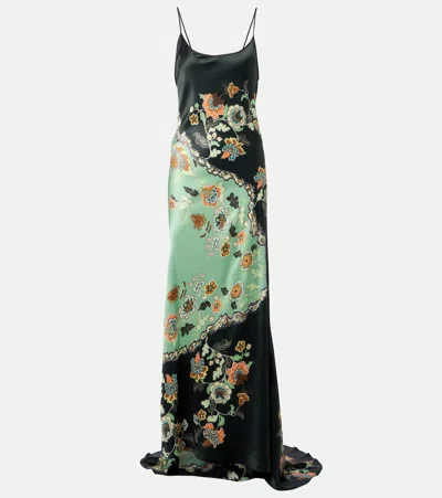 Roberto Cavalli Floral Silk Satin Gown In Green