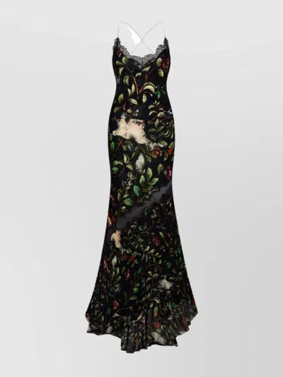 ROBERTO CAVALLI FLORAL SPAGHETTI STRAP DRESS WITH SIDE SLIT