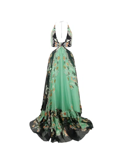 Roberto Cavalli Floral-print Cut-out Maxi Dress In Green