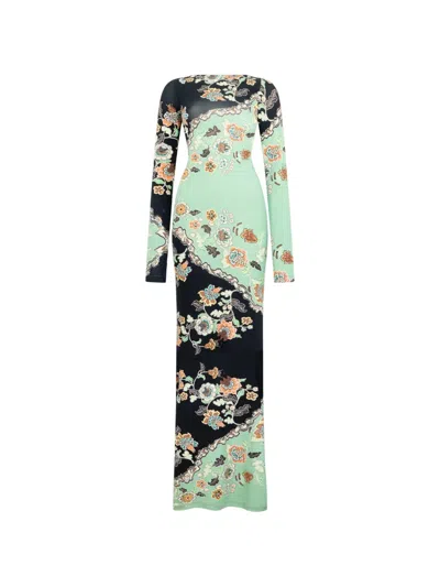 Roberto Cavalli Floral-print Long-sleeve Maxi Dress In Green