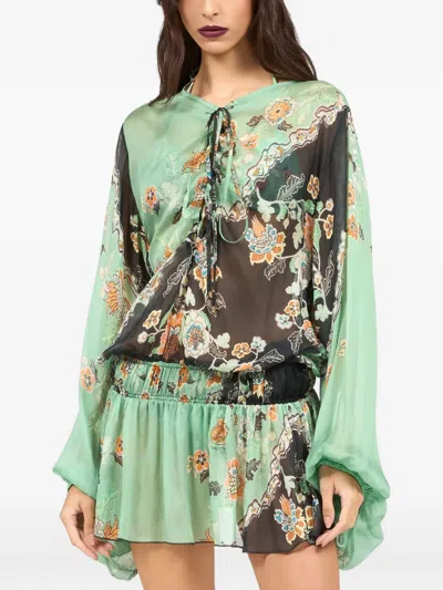 Roberto Cavalli Floral-print Mini Dress In Green