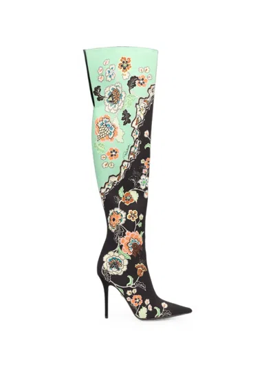 Roberto Cavalli Floral-print Over-the-knee Boots In Black
