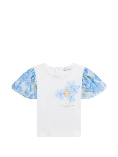 Roberto Cavalli Babies' Floral-print Puff-sleeve T-shirt In White