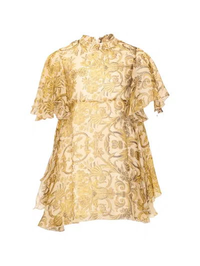 Roberto Cavalli Kids' Floral-print Ruffled Dress In Gold