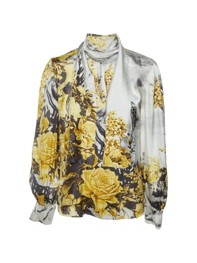 Pre-owned Roberto Cavalli Floral-print Silk-satin Blouse In Grey