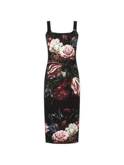 Roberto Cavalli Sleeveless Floral Bouquet Stretch Jersey Midi Dress In Black