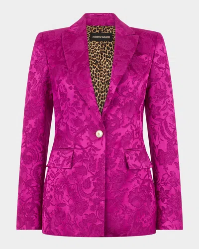 Roberto Cavalli Florentine Satin Jacquard Single-breasted Blazer In Pink