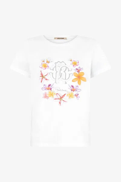 Roberto Cavalli Flower And Monogram Rc T-shirt In White