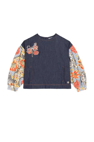 Roberto Cavalli Flower And Tiger-print Top In Dark Blue