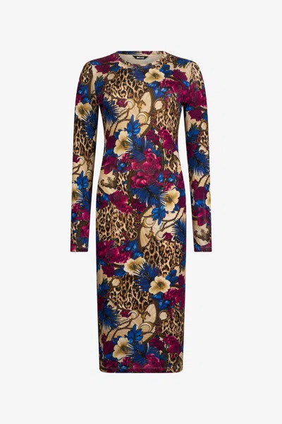 Roberto Cavalli Flower Leopard Print Midi Dress