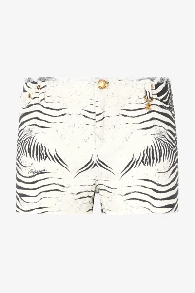 ROBERTO CAVALLI AUSGEFRANSTE SHORTS MIT PRINT WHITE TIGRESSE