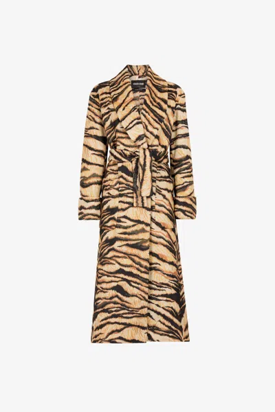 Roberto Cavalli Freedom-print Belted Coat In Light Brown