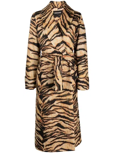 Roberto Cavalli Freedom-print Belted Coat In Nude