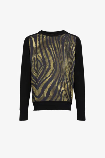 Roberto Cavalli Freedom-print Panelled Sweater In Dark Green/black