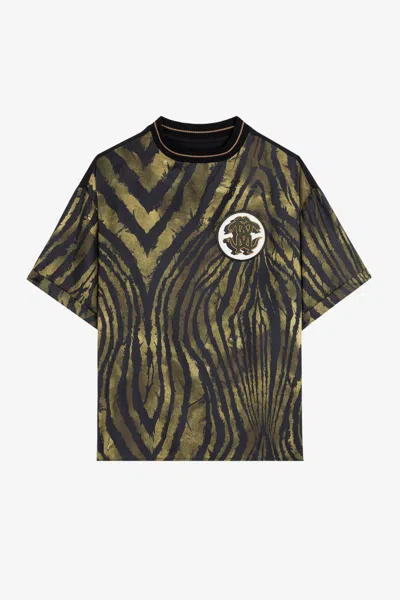 Roberto Cavalli Freedom-print Silk T-shirt In Dark Green/black