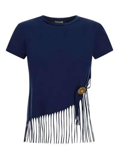 Roberto Cavalli Fringe-detail Button T-shirt In Blue