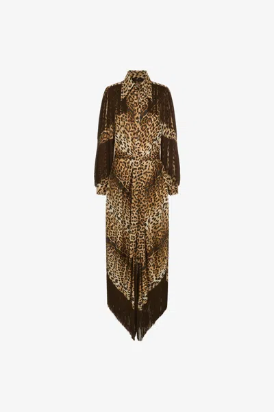 Roberto Cavalli Fringe Long Dress In Light Brown