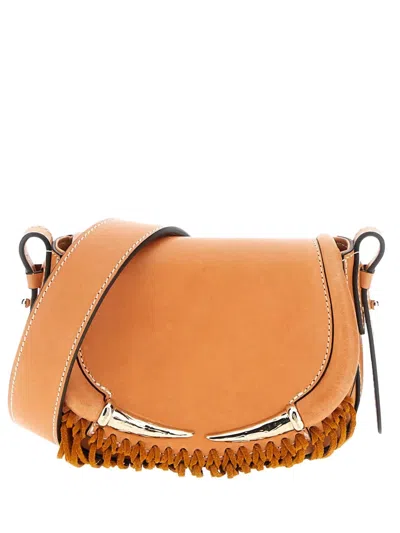 Roberto Cavalli Fringe-trimmed Leather Shoulder Bag In Brown