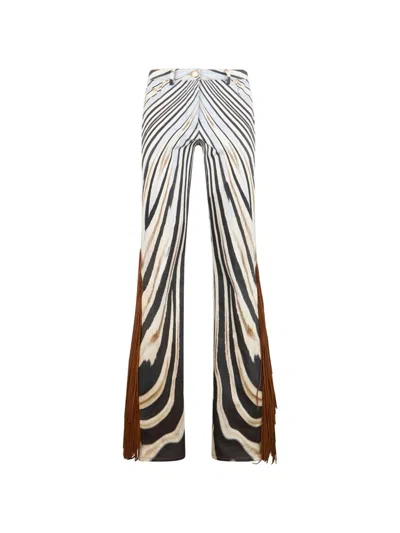 Roberto Cavalli Fringe-trim Zebra-print Trousers In Multi