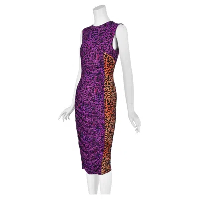 Pre-owned Roberto Cavalli Fuchsia & Orange Leopard Print Knit Ruched Midi Dress, Sz S Nwt