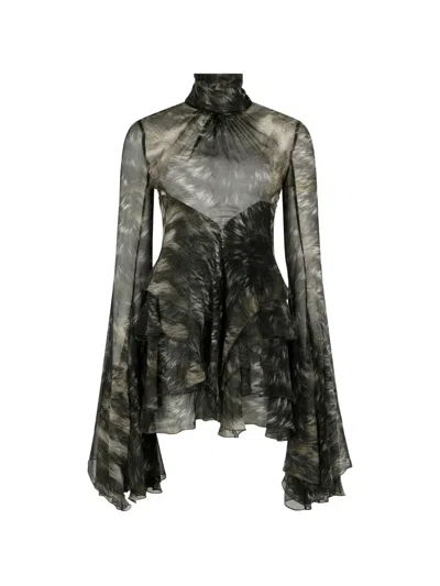 Roberto Cavalli Fur-print Ruffled Mini Dress In Black