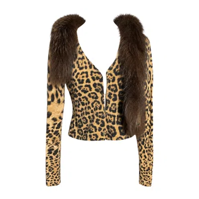 Pre-owned Roberto Cavalli F/w 2000 Fur Collar Leopard Print Cardigan In Black