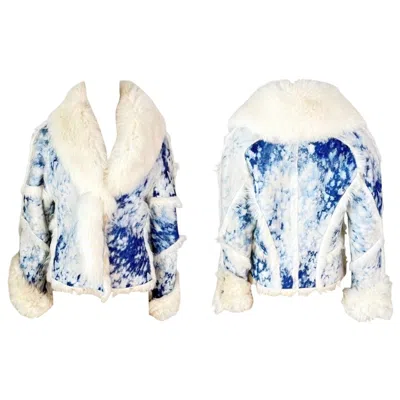 Pre-owned Roberto Cavalli F/w 2001 Blue Tie Dye Shearling Leather & Fox Fur Jacket Coat