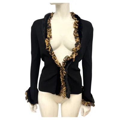 Pre-owned Roberto Cavalli F/w 2005 Black Knit Cardigan With Mink Fur & Leopard Silk Trim
