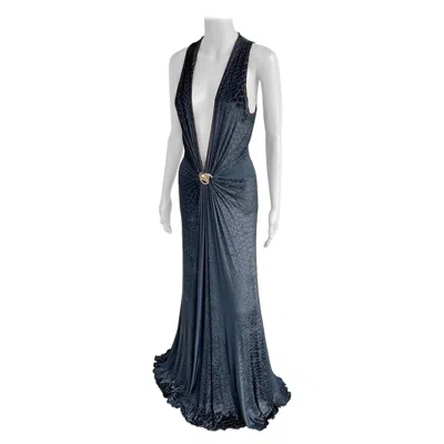 Pre-owned Roberto Cavalli F/w 2006 Plunging Neckline Embellished Velvet Evening Dress Gown In Black