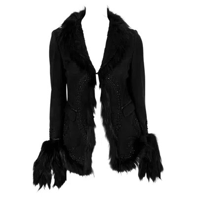 Pre-owned Roberto Cavalli F/w 2007  Black Fur Strip Trim Beaded Suede Shearling Jacket