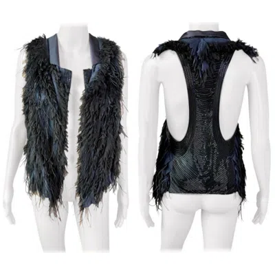 Pre-owned Roberto Cavalli F/w 2011 Embellished Ostrich Feather Fur Top Vest Jacket In Gray