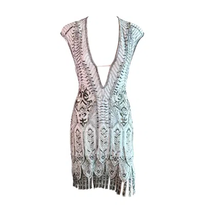 Pre-owned Roberto Cavalli F/w 2014 Runway Embellished Fringed Flapper Silk Evening Dress In Gray
