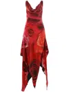 Roberto Cavalli Dress With Asymmetric Skirt And Rose Print In Red