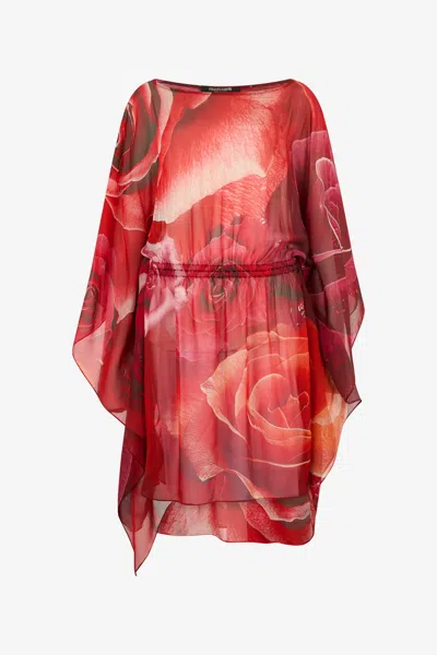 Roberto Cavalli Garden Rose Print Silk Caftan In Red