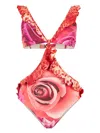 Roberto Cavalli Garden Rose And Cheetah Skin Trikini In Pink
