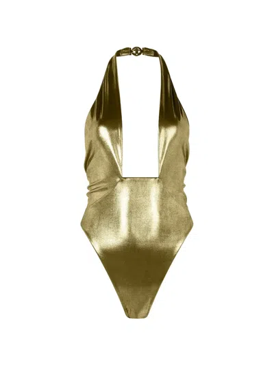 Roberto Cavalli Geometric Neckline One-piece Swimsuit In Gold