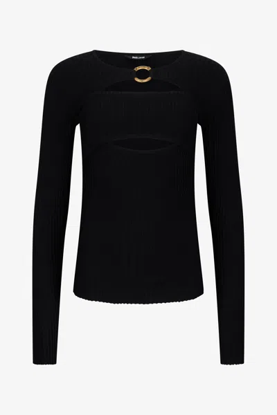 Roberto Cavalli Black Ribbed Cut-out Sweater