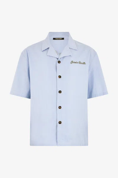 Roberto Cavalli Striped Shirt With Embroidered Logo In Blue