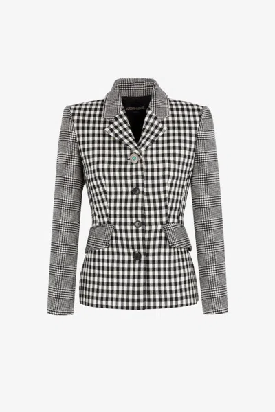 Roberto Cavalli Gingham And Houndstooth Single-breasted Blazer In Black/white