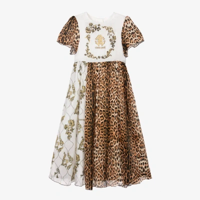 Roberto Cavalli Kids' Girls Beige Leopard & Arabesque Dress